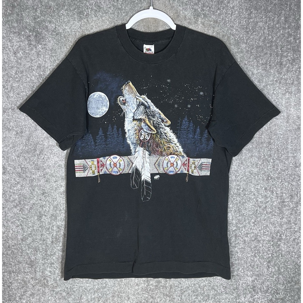 Vintage Fruit Of The Loom Single Stitch Wolf T-Shirt Adult Size L Black USA Made